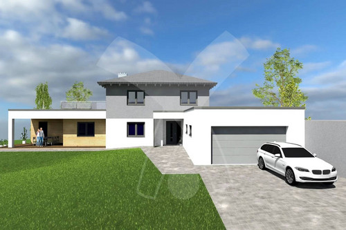 Zeitgemäßes Einfamilienhaus mit angebauter Garage und Holzfassade, geplant von Binderbau.
