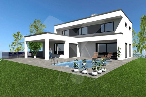 Moderne zweigeschossige Villa in Ziegelmassivbauweise mit Terrasse, Pool und großen Glasfronten.