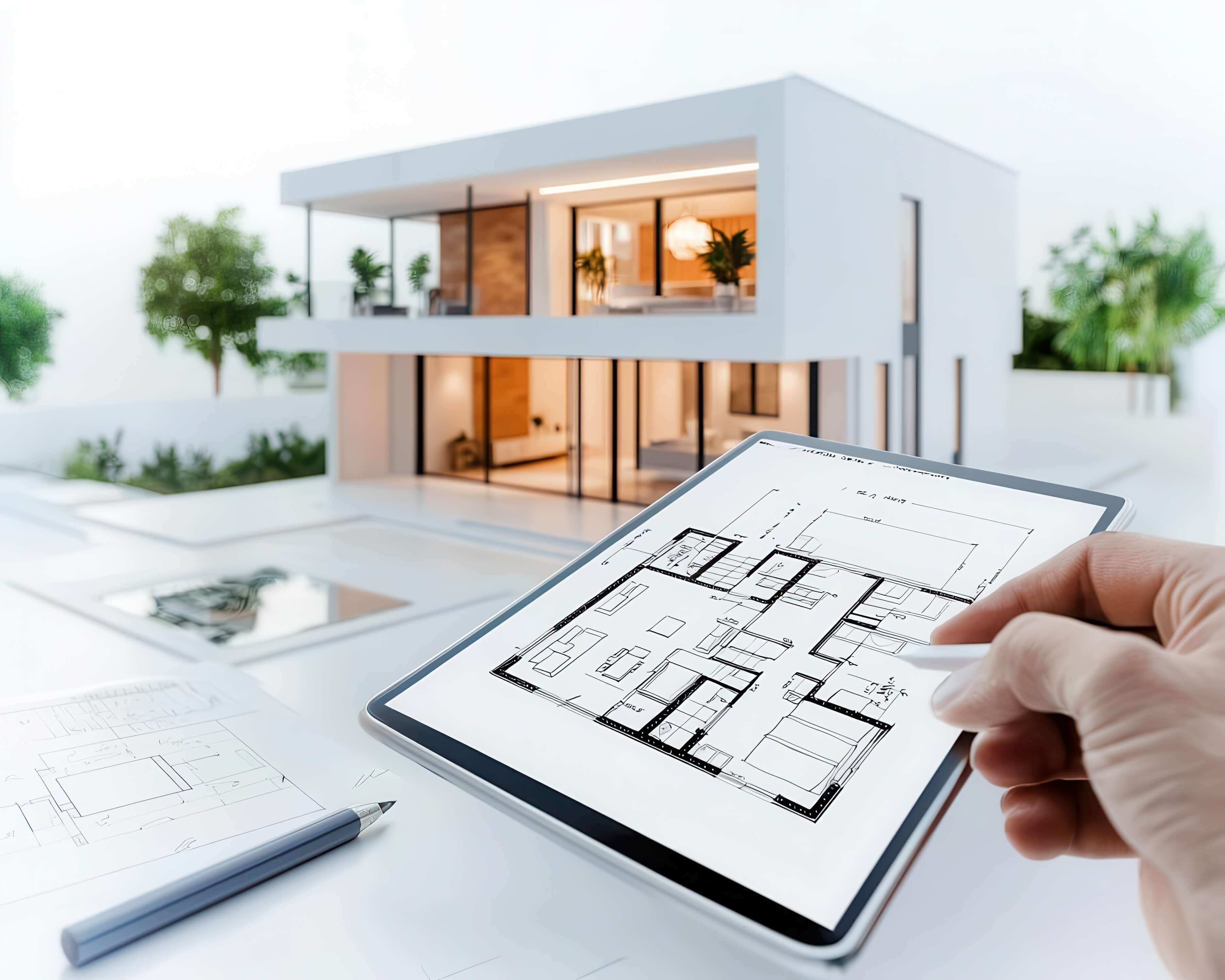 Person plant modernes Einfamilienhaus auf einem Tablet mit Grundriss vor dem realen Hausmodell.